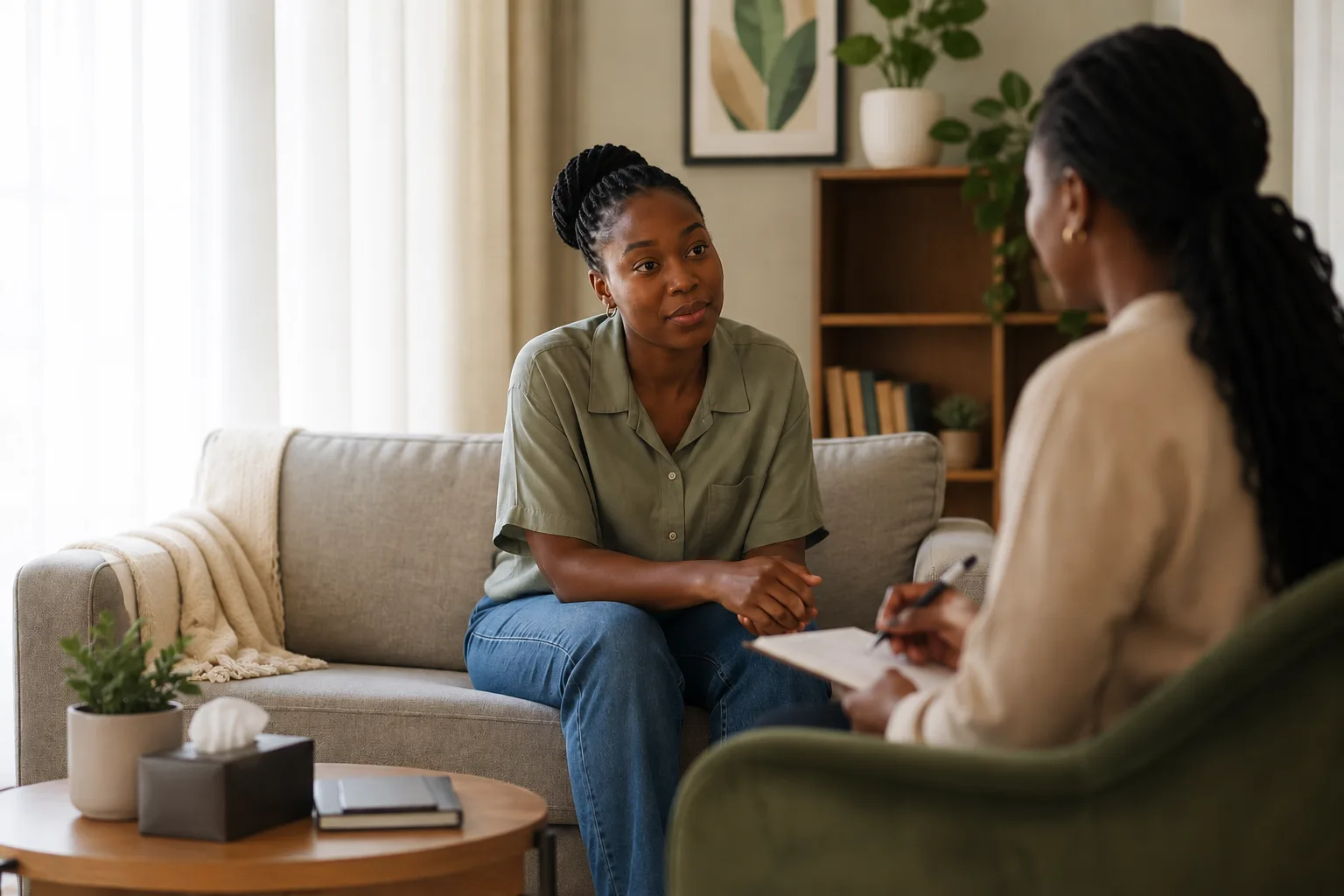 A compassionate mental health provider listening warmly during a private consultation